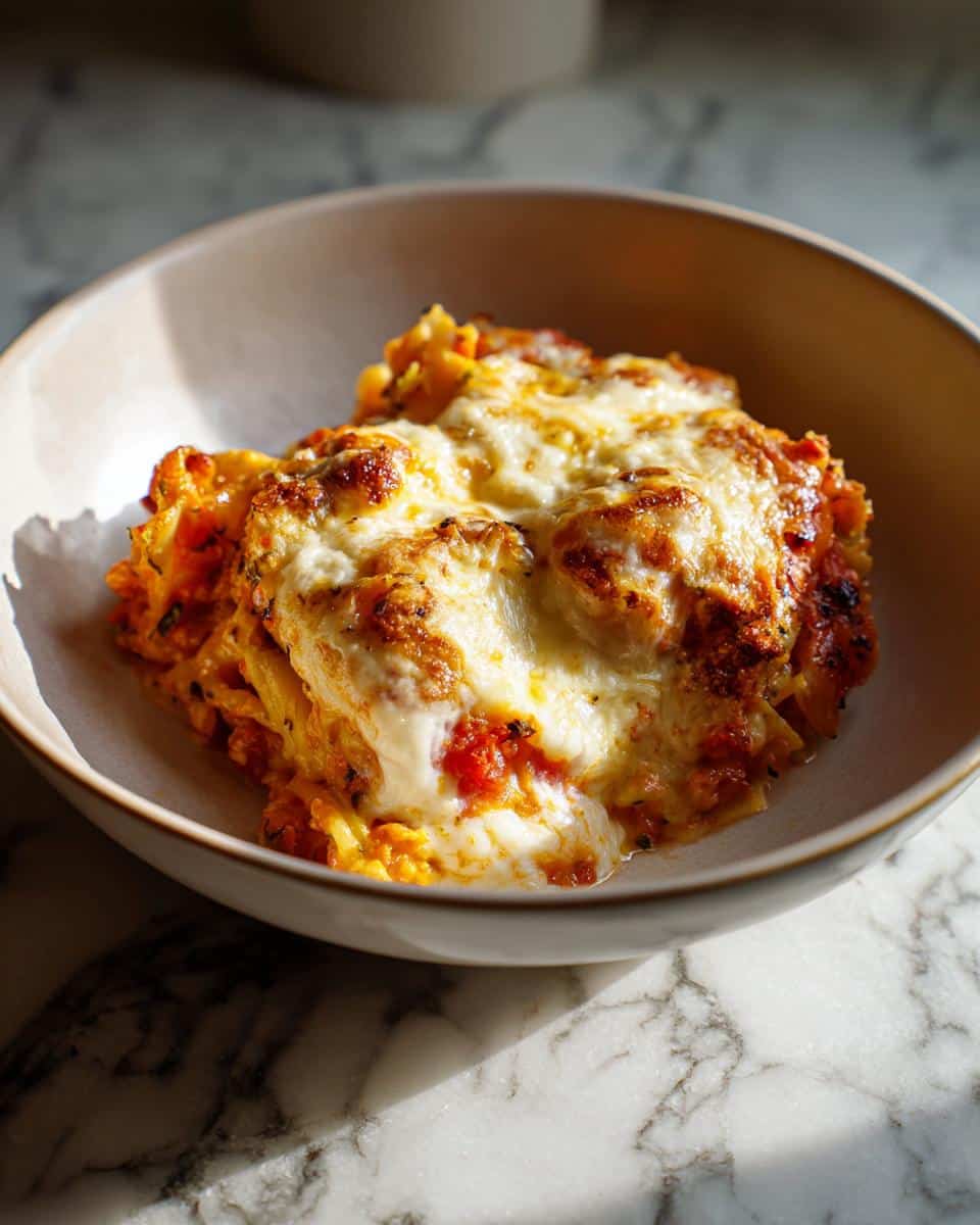 A close-up of a delicious hidden veggie pasta bake, topped with melted, golden-brown cheese, perfect for family friendly pasta recipes.