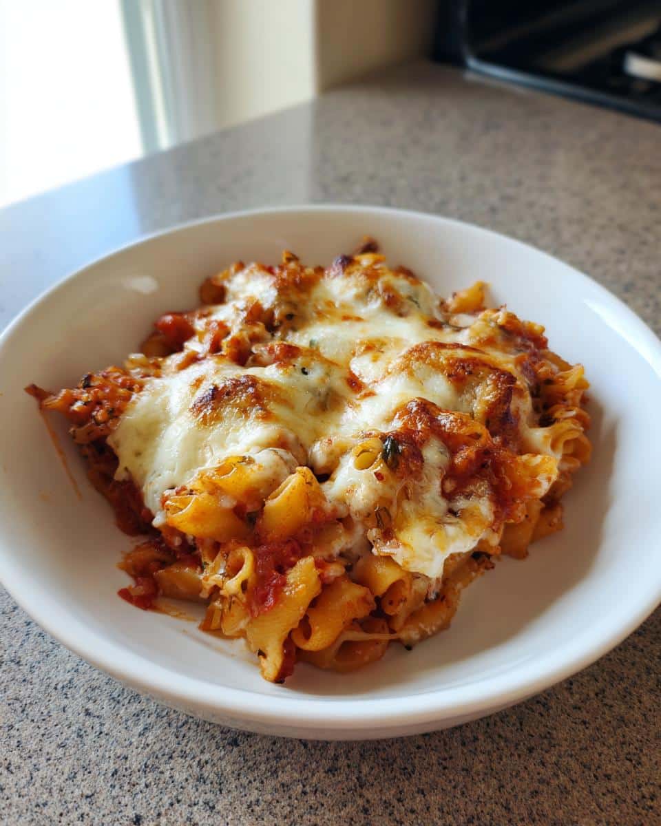 A close-up of a white bowl filled with a delicious hidden veggie pasta bake, topped with melted, golden-brown cheese.