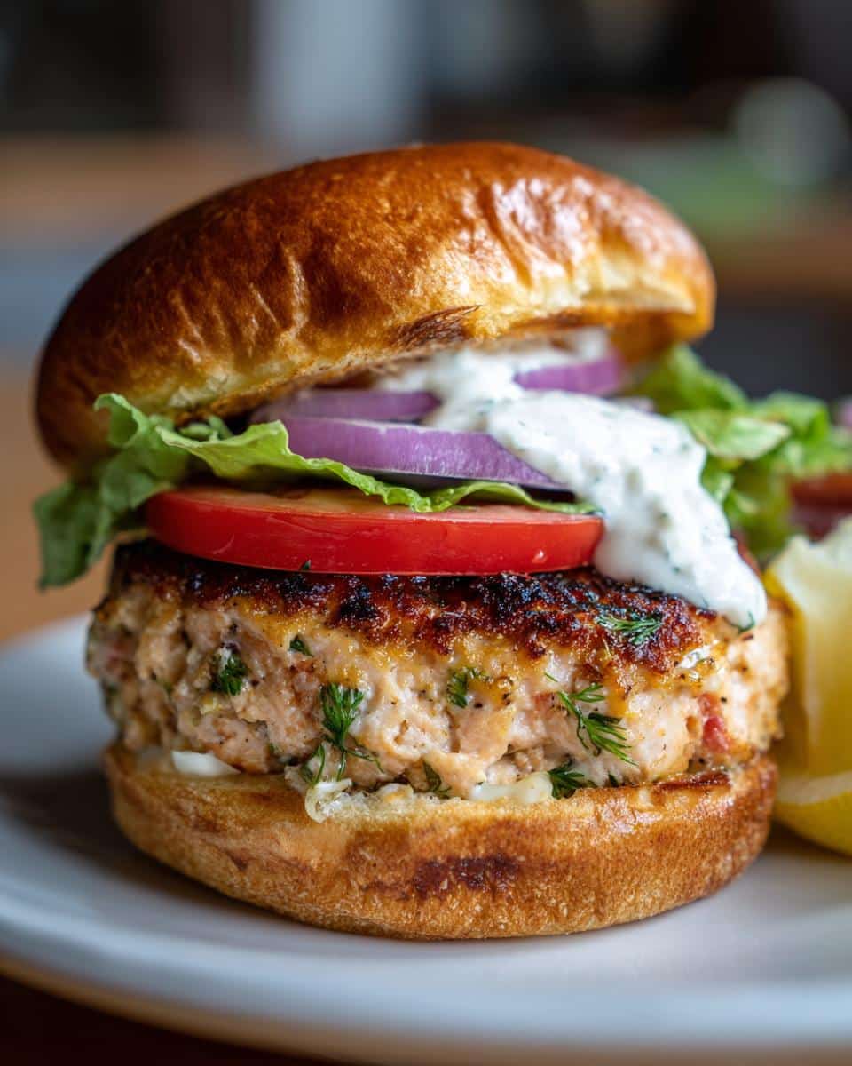 Close-up of a delicious homemade salmon burger on a bun, topped with lettuce, tomato, red onion, and creamy sauce.