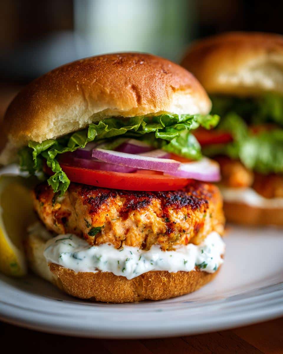 A delicious homemade salmon burger with lettuce, tomato, red onion, and creamy sauce on a bun.