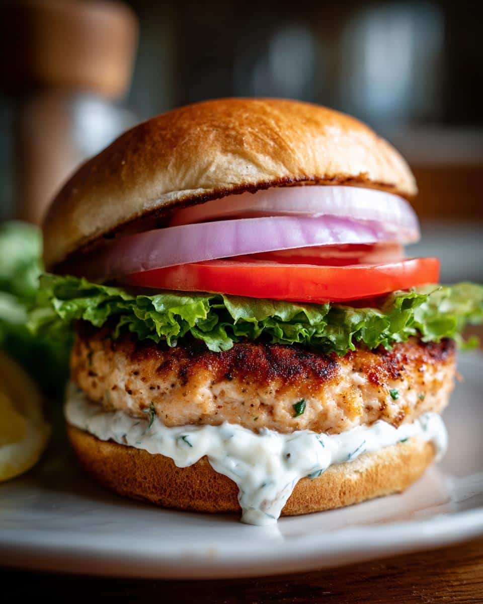 A delicious homemade salmon burger with fresh lettuce, tomato, red onion, and creamy sauce on a bun.