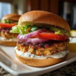 Close-up of a delicious homemade salmon burger on a bun with lettuce, tomato, red onion, and creamy sauce.