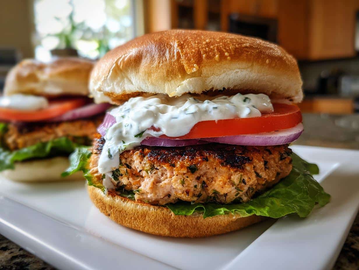 A delicious homemade salmon burger recipe served on a bun with lettuce, tomato, red onion, and a creamy dill sauce.