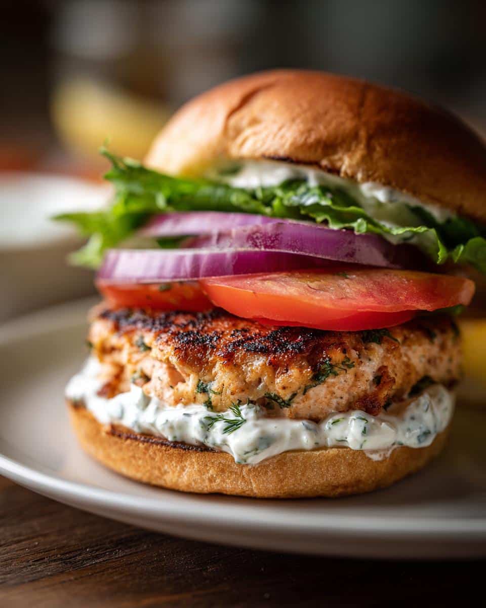 A delicious homemade salmon burger on a bun, topped with lettuce, red onion, and tomato, with a creamy dill sauce.