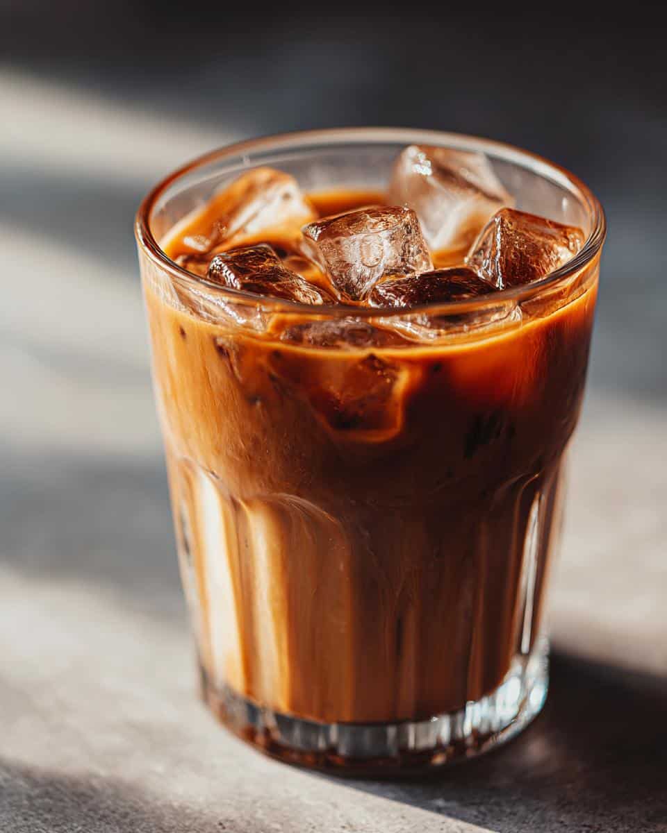 A close-up of a glass filled with iced Proffee (Protein Coffee), showing creamy swirls and ice cubes.