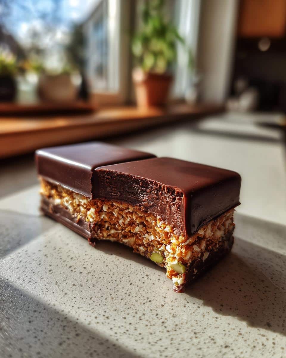 Close-up of a Knafeh Chocolate Bar (Dubai Chocolate) with a bite taken out, revealing layers of crispy pastry and nuts.