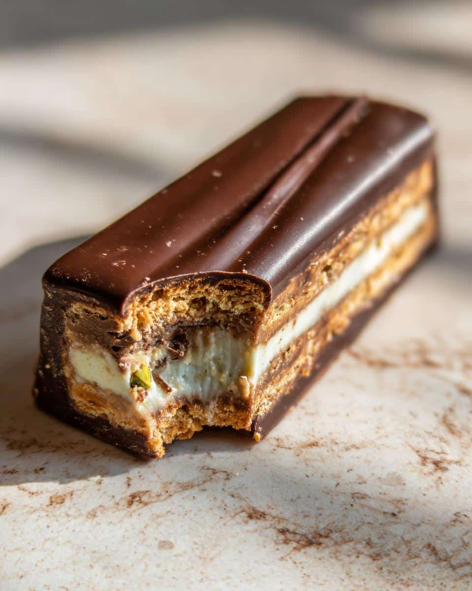 A bite taken out of a Knafeh Chocolate Bar (Dubai Chocolate) showing layers of crispy pastry, creamy filling, and chocolate.