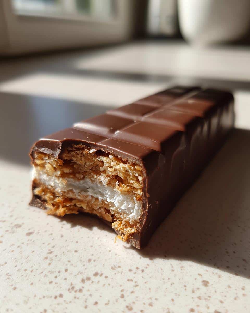 A bite taken out of a Knafeh Chocolate Bar (Dubai Chocolate), revealing layers of crispy pastry and creamy filling.