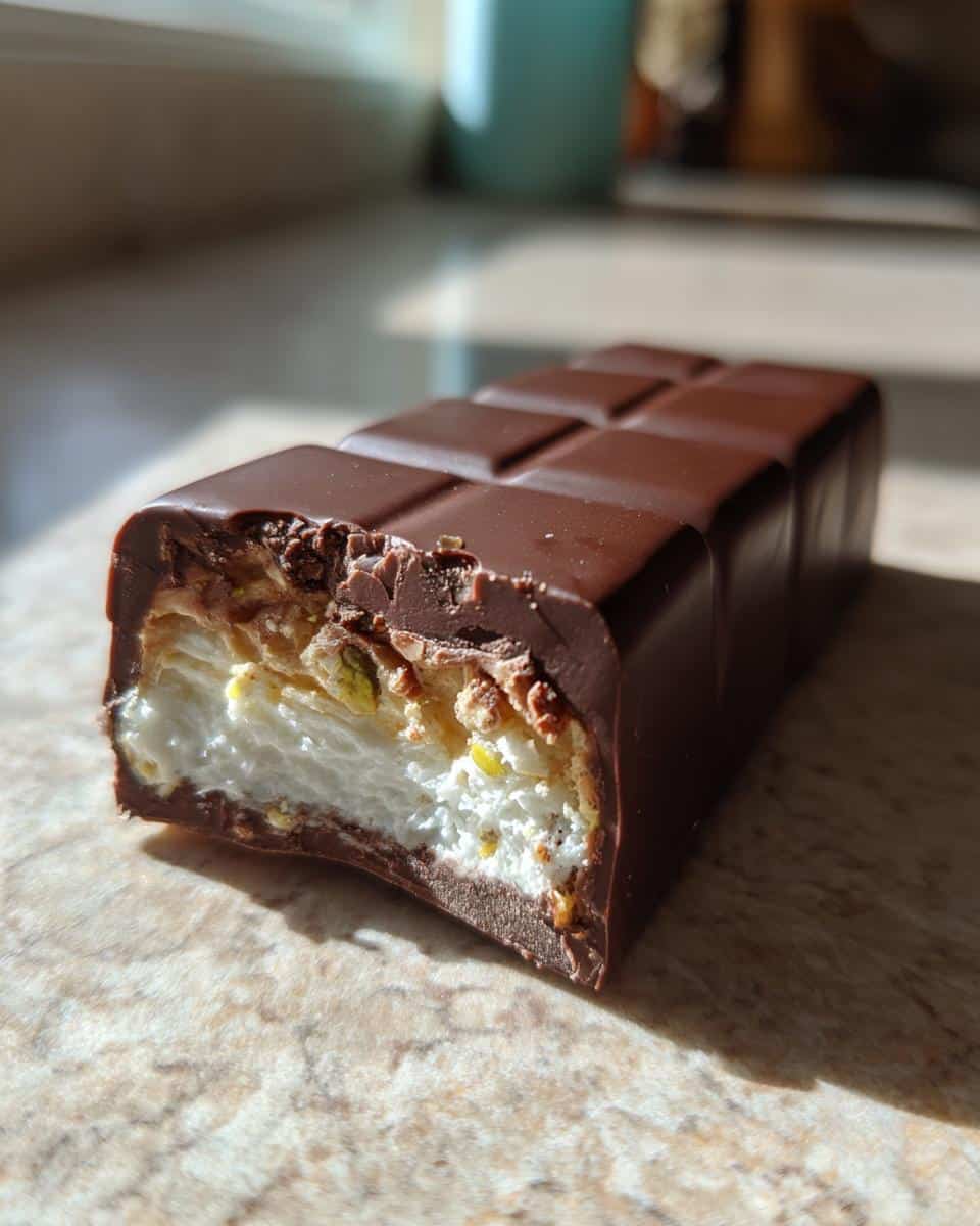 A bite taken out of a Knafeh Chocolate Bar (Dubai Chocolate), revealing creamy white filling and pistachios.