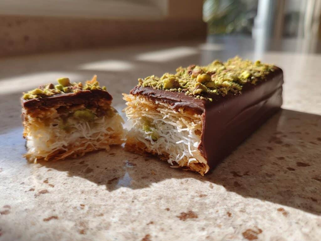 A Knafeh Chocolate Bar (Dubai Chocolate) cut in half, showing layers of shredded phyllo, cheese, and pistachios, topped with chocolate and more pistachios.