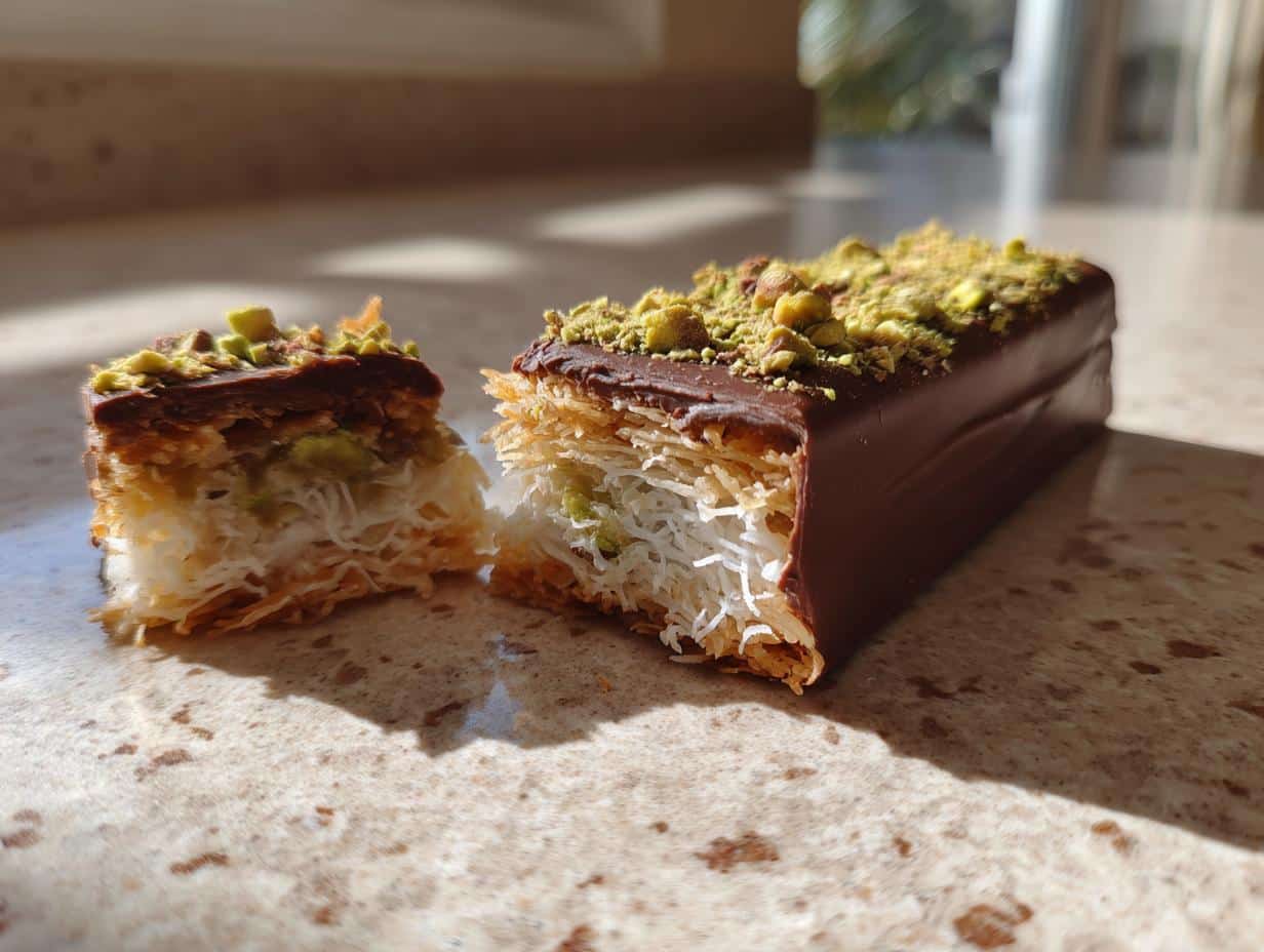 A Knafeh Chocolate Bar (Dubai Chocolate) cut in half, showing layers of shredded phyllo, cheese, and pistachios, topped with chocolate and more pistachios.
