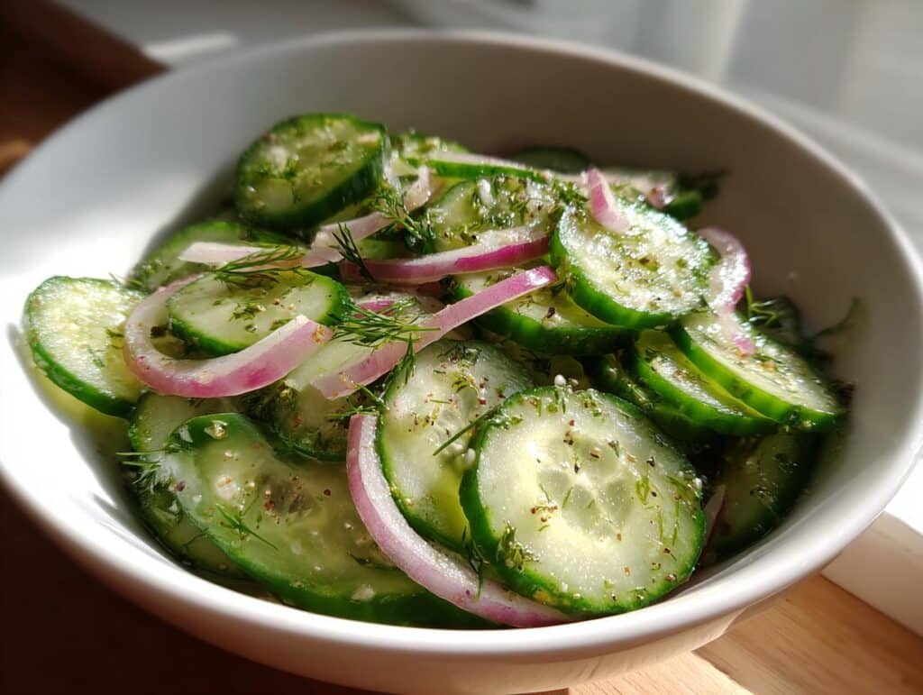 A close-up of Logan's Cucumber Salad featuring thinly sliced cucumbers, red onion rings, and fresh dill in a white bowl.