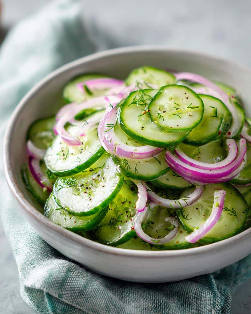 Close-up of Logan's Cucumber Salad featuring thinly sliced cucumbers, red onions, and fresh dill, seasoned with pepper.