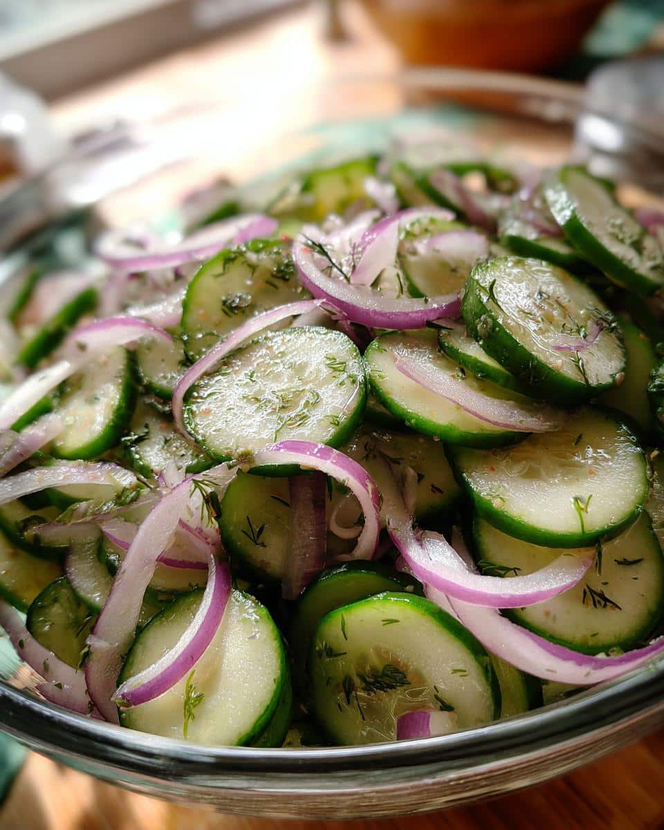 Close-up of Logan's Cucumber Salad featuring thinly sliced cucumbers, red onion rings, and fresh dill in a glass bowl.