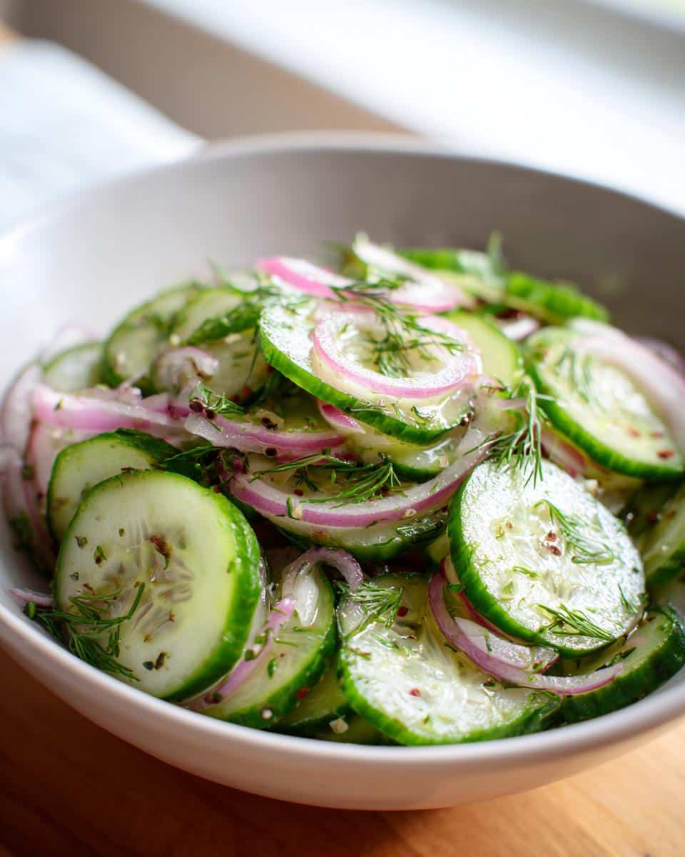 Close-up of Logan's Cucumber Salad featuring thinly sliced cucumbers, red onion rings, and fresh dill in a white bowl.