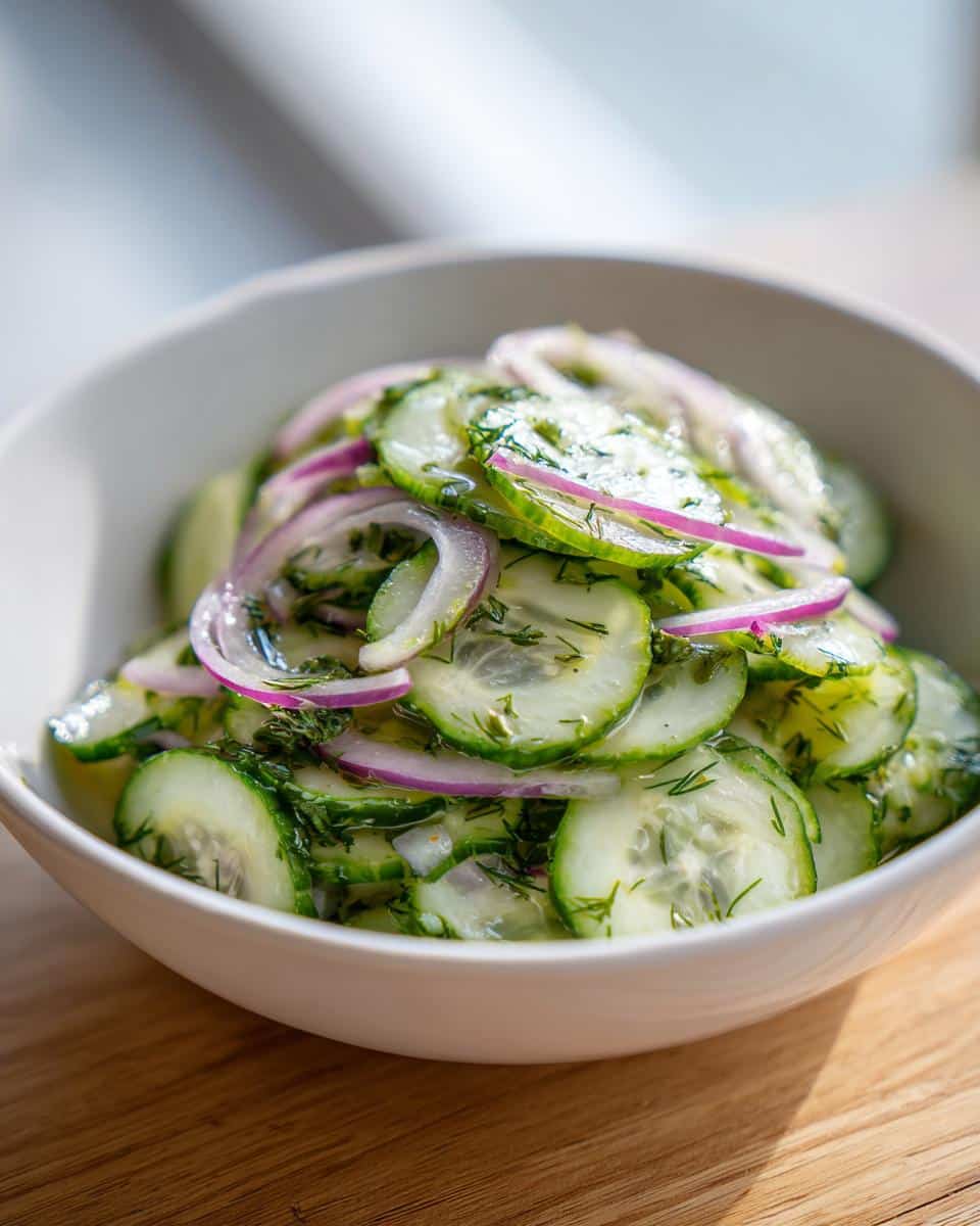 A close-up of Logan's Cucumber Salad in a white bowl, featuring thinly sliced cucumbers, red onion rings, and fresh dill.