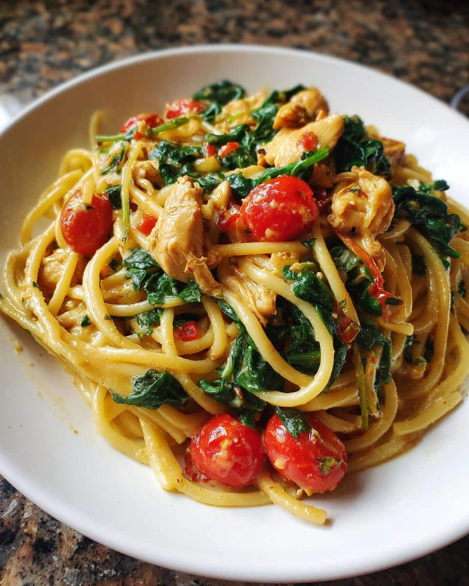 A close-up of a white bowl filled with low calorie chicken pasta, featuring spaghetti, shredded chicken, spinach, and cherry tomatoes.