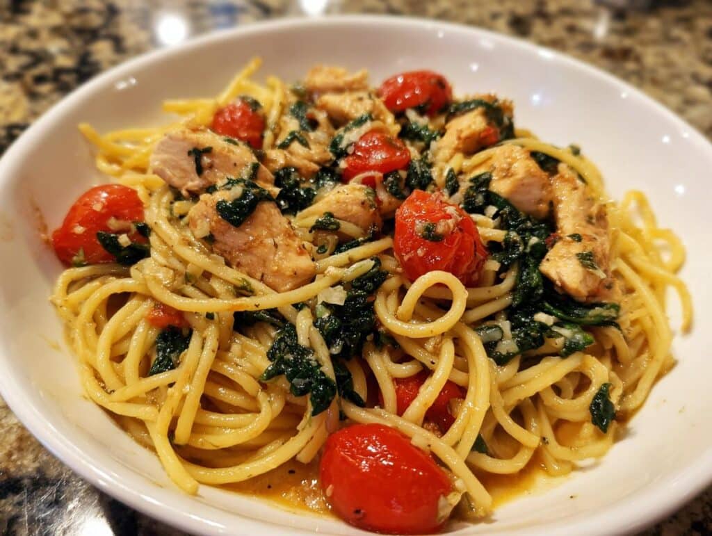 A bowl of low calorie chicken pasta with cherry tomatoes and spinach, seasoned with herbs.