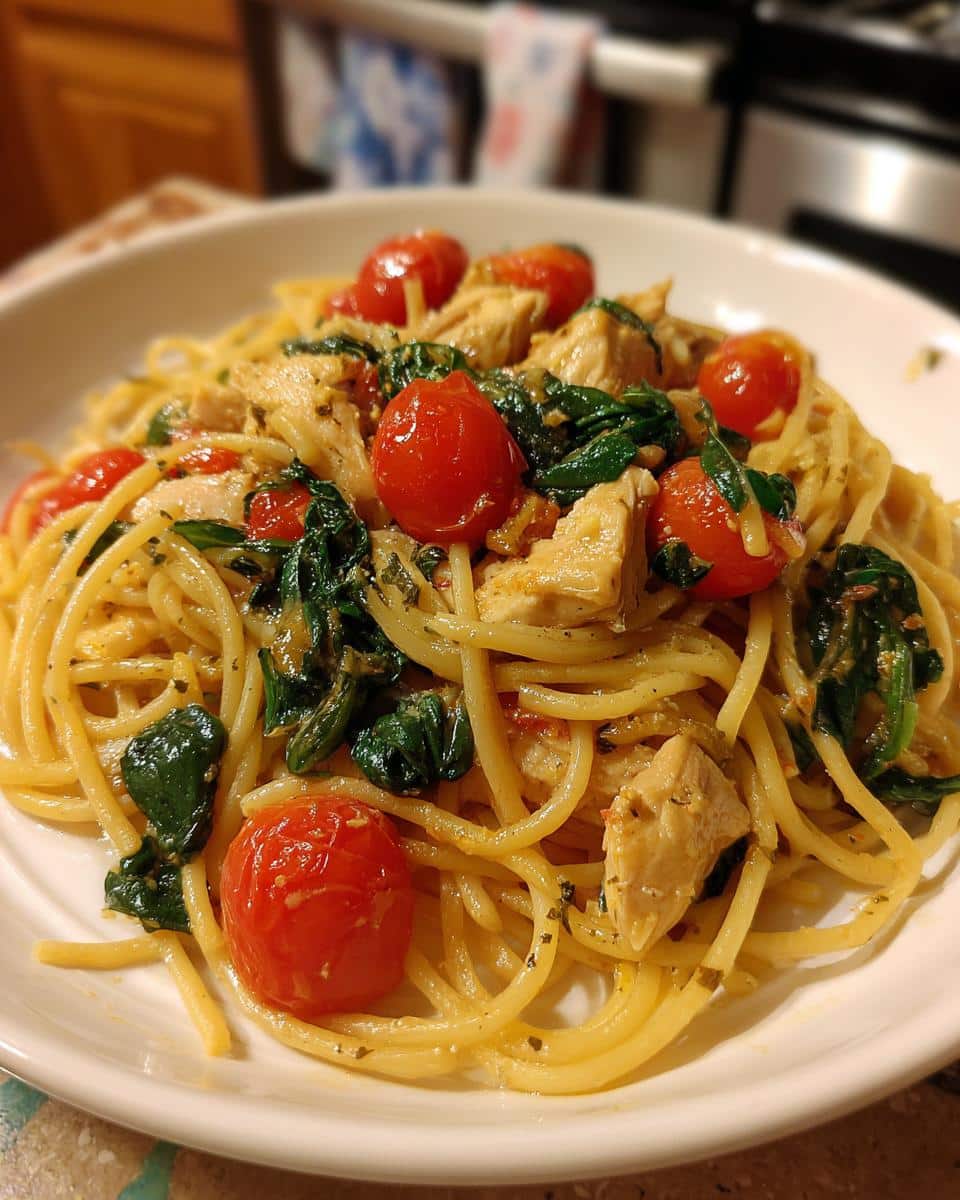 A close-up of a bowl of low calorie chicken pasta, featuring spaghetti, diced chicken, cherry tomatoes, and spinach.