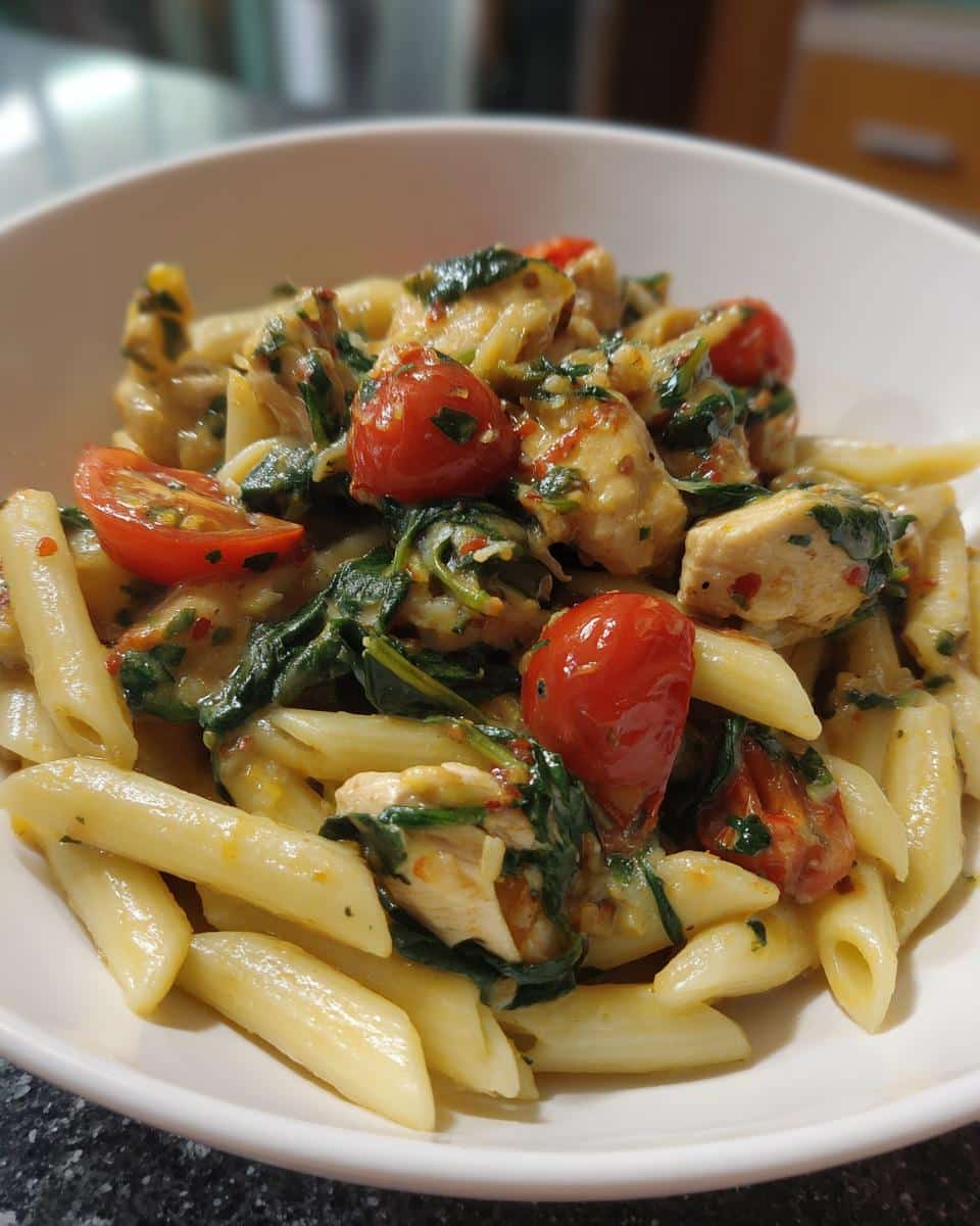 A bowl of low calorie chicken pasta with cherry tomatoes, spinach, and a creamy sauce.