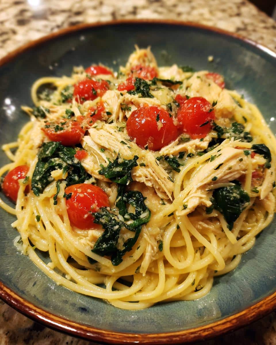 A close-up of a bowl of low calorie chicken pasta, featuring spaghetti, shredded chicken, cherry tomatoes, and spinach.