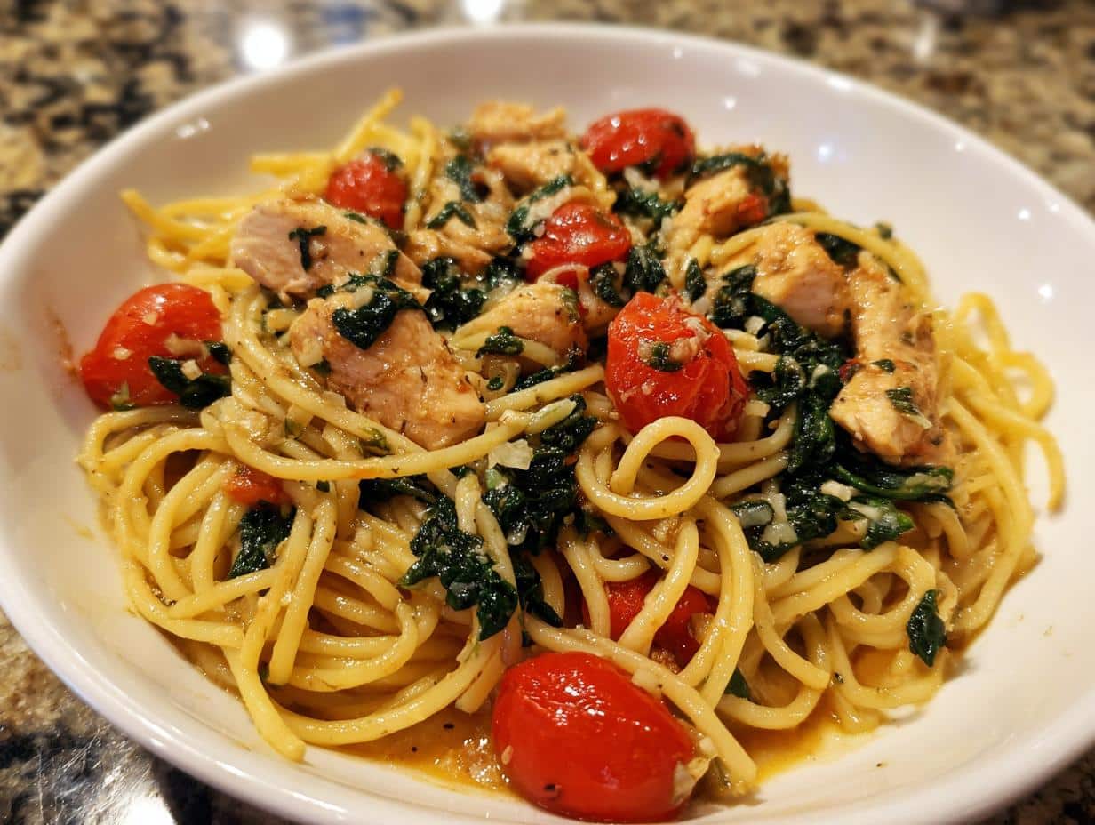 A bowl of low calorie chicken pasta with cherry tomatoes and spinach, seasoned with herbs.
