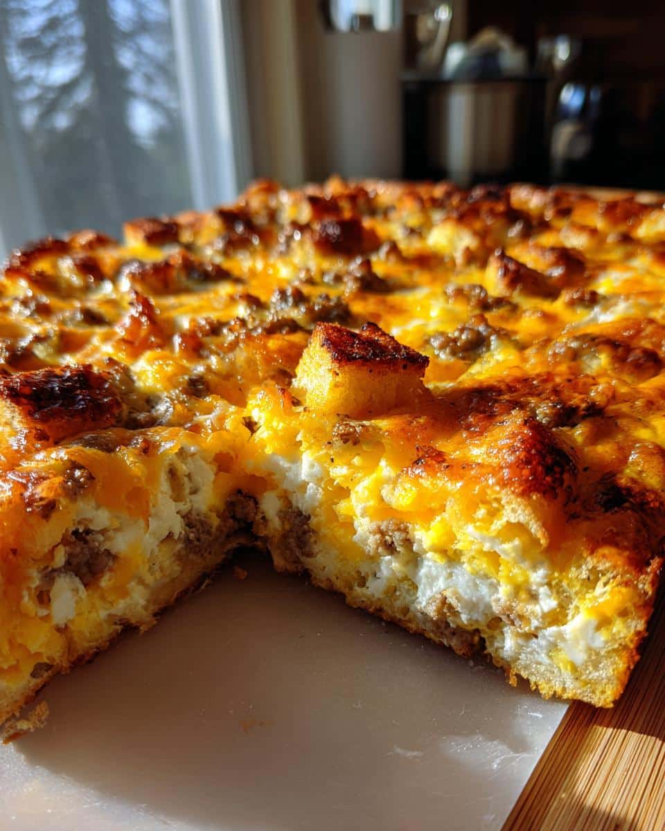 A slice removed from a make ahead breakfast casserole, showing layers of sausage, egg, cheese, and bread.