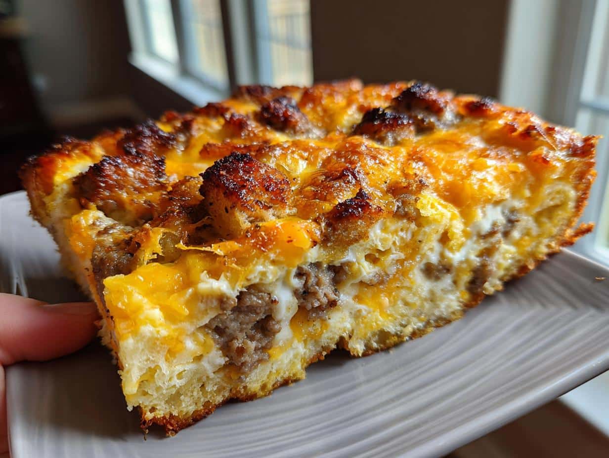 A slice of make ahead breakfast casserole with sausage, egg, cheese, and bread on a plate.