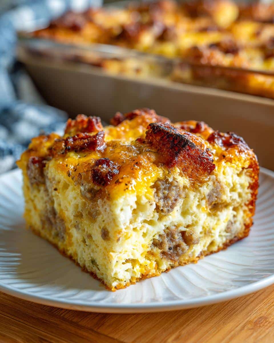 A slice of savory sausage breakfast casserole, a perfect example of make ahead casserole recipes, on a white plate.