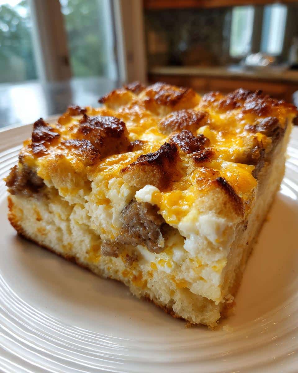 A slice of sausage and cheese make ahead casserole, featuring layers of bread, eggs, sausage, and melted cheddar cheese.