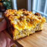 A slice of a hearty sausage and egg casserole, perfect for make ahead casserole recipes.