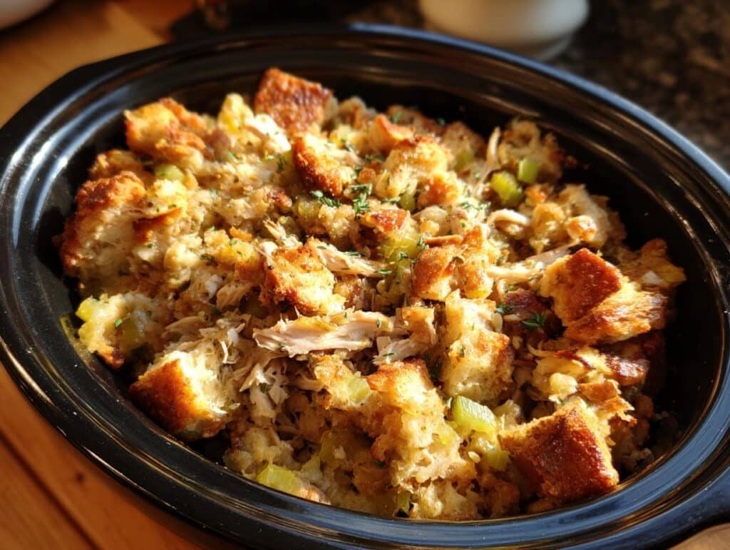Close-up of delicious make ahead crockpot chicken stuffing in a black slow cooker, with golden-brown bread cubes and shredded chicken.