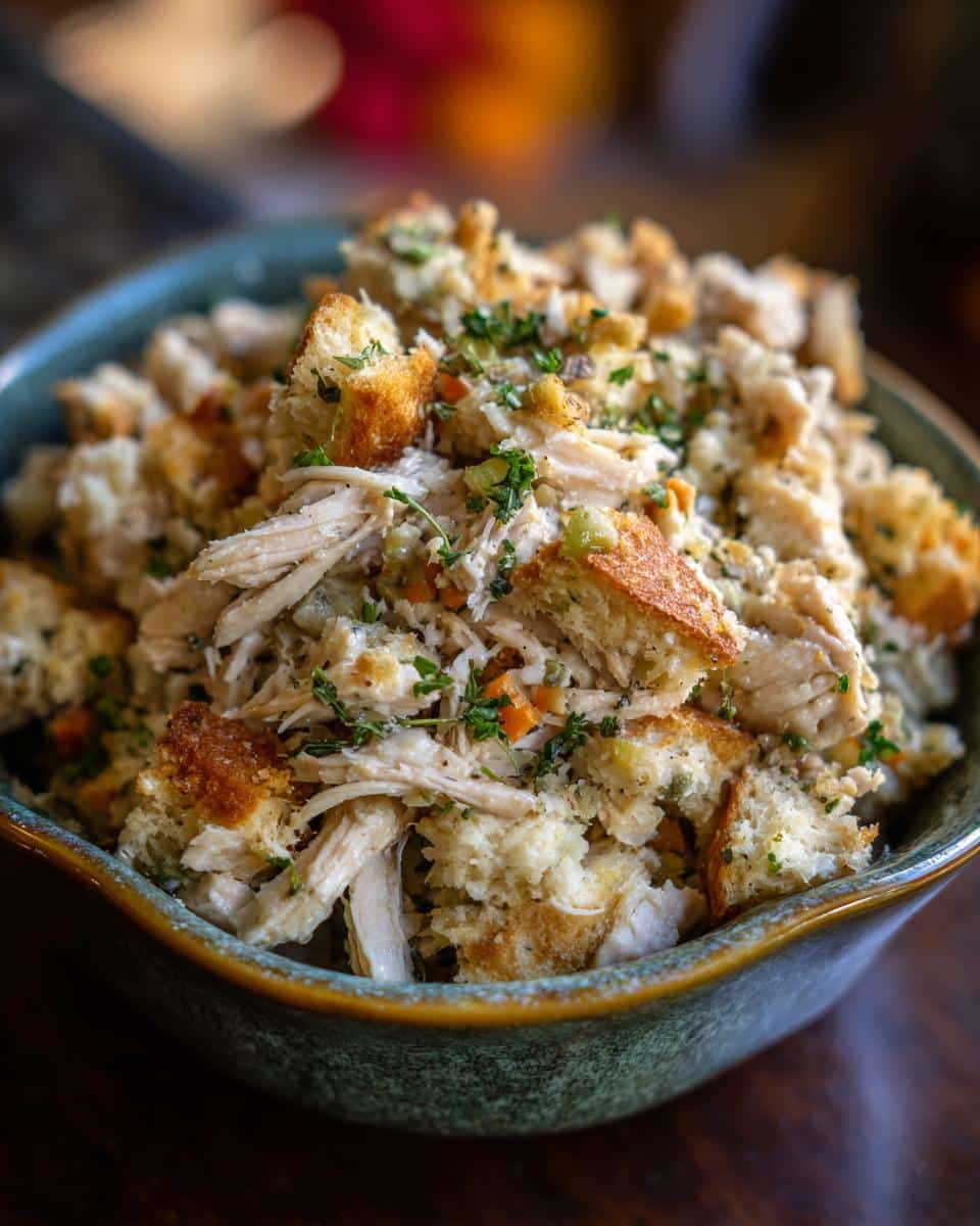 Close-up of a bowl filled with make ahead crockpot chicken stuffing, featuring shredded chicken and toasted bread cubes.