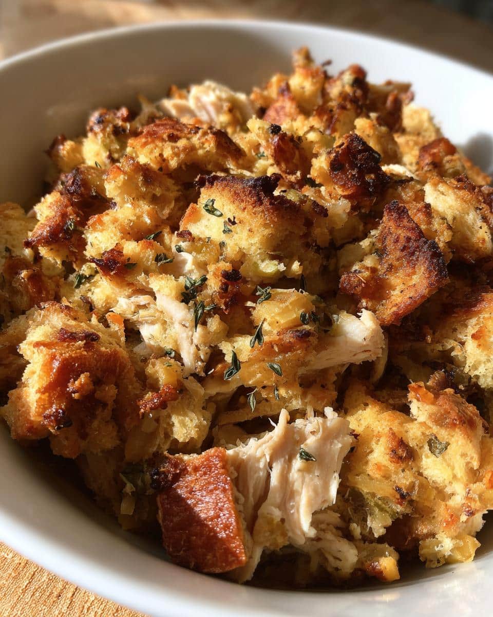 Close-up of a bowl filled with delicious make ahead crockpot chicken stuffing, featuring golden-brown bread cubes and shredded chicken.