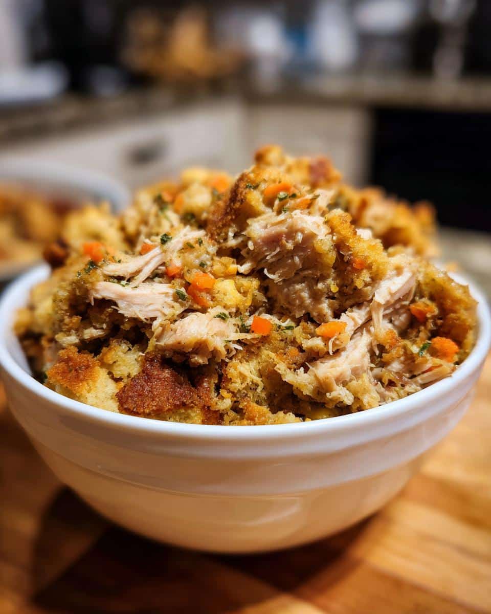 A close-up of a white bowl filled with make ahead crockpot chicken stuffing, featuring shredded chicken, bread cubes, and carrots.