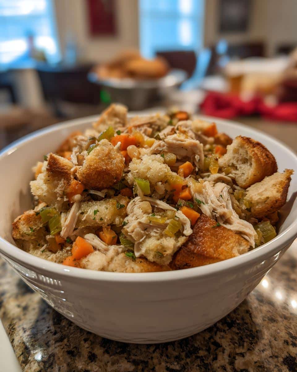 Close-up of a white bowl filled with make ahead crockpot chicken stuffing, featuring shredded chicken, bread cubes, carrots, and celery.