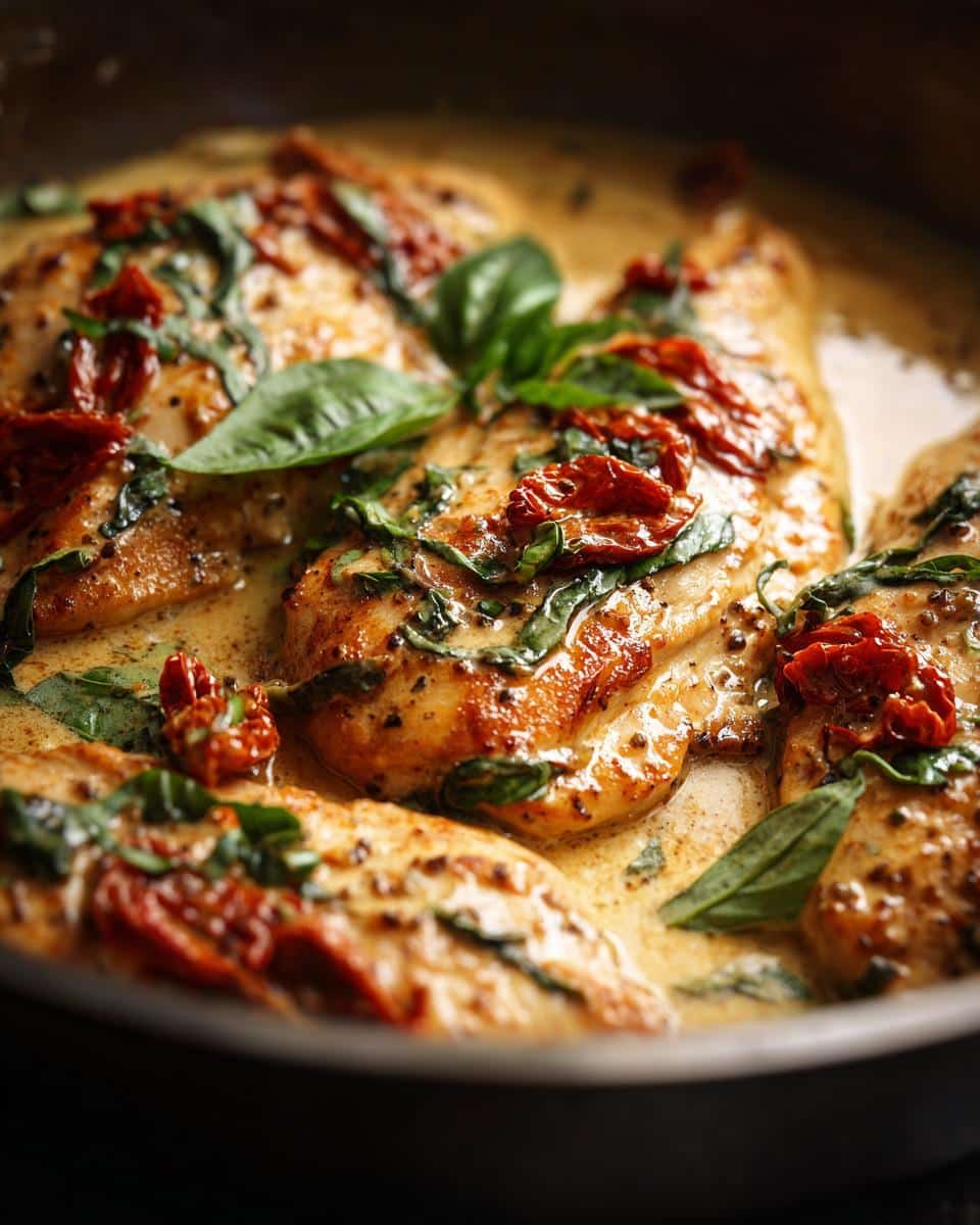 Close-up of Marry Me Chicken breasts in a creamy sauce with sun-dried tomatoes and fresh basil.