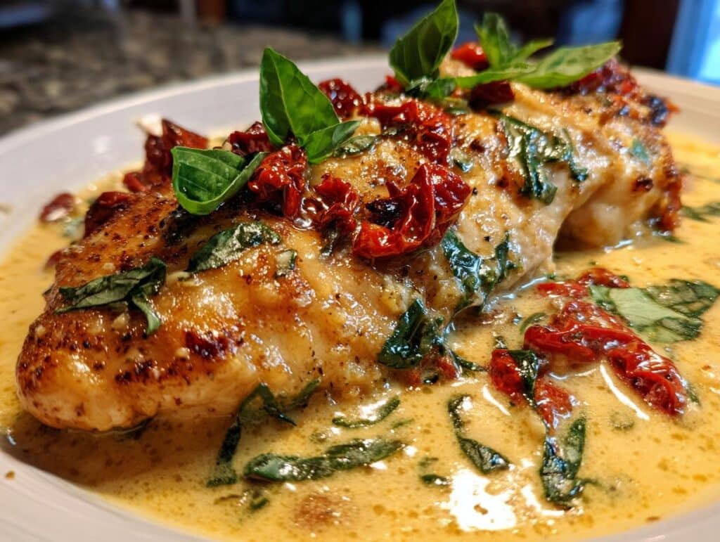 A close-up of Marry Me Chicken in a creamy sauce, topped with sun-dried tomatoes and fresh basil.