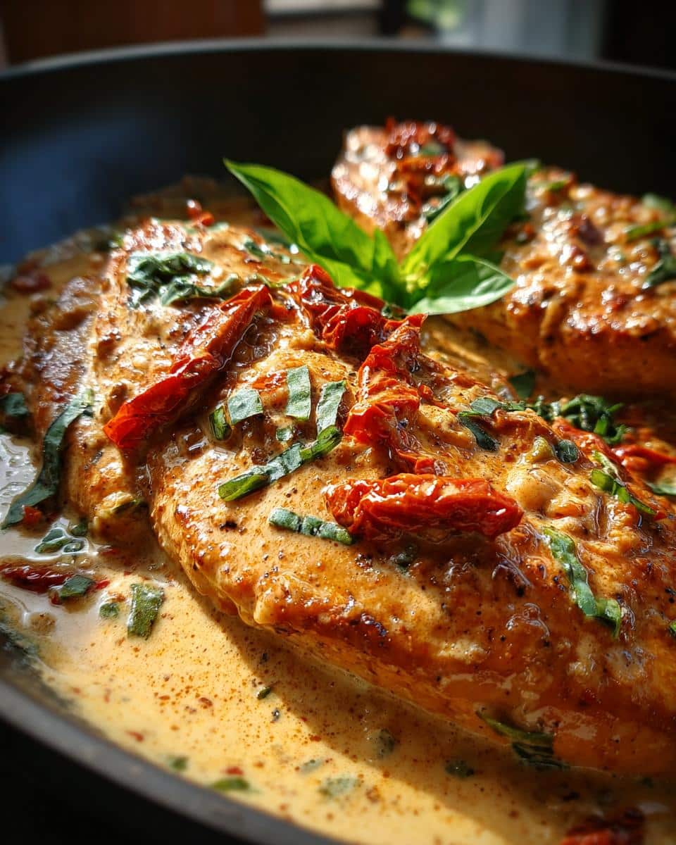 Close-up of Marry Me Chicken breasts in a creamy sauce with sun-dried tomatoes and basil.