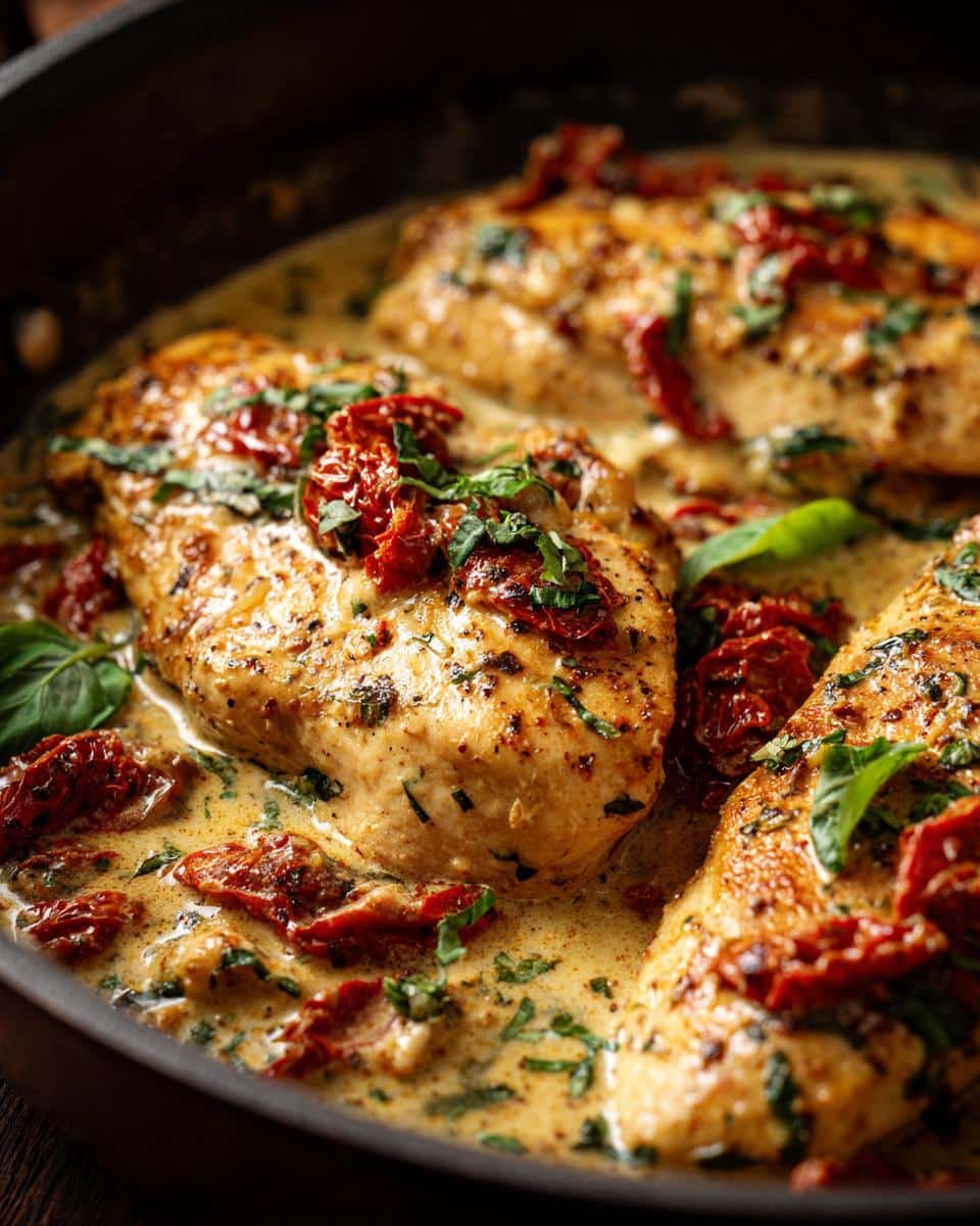 Close-up of Marry Me Chicken breasts in a rich, creamy sauce with sun-dried tomatoes and fresh basil.