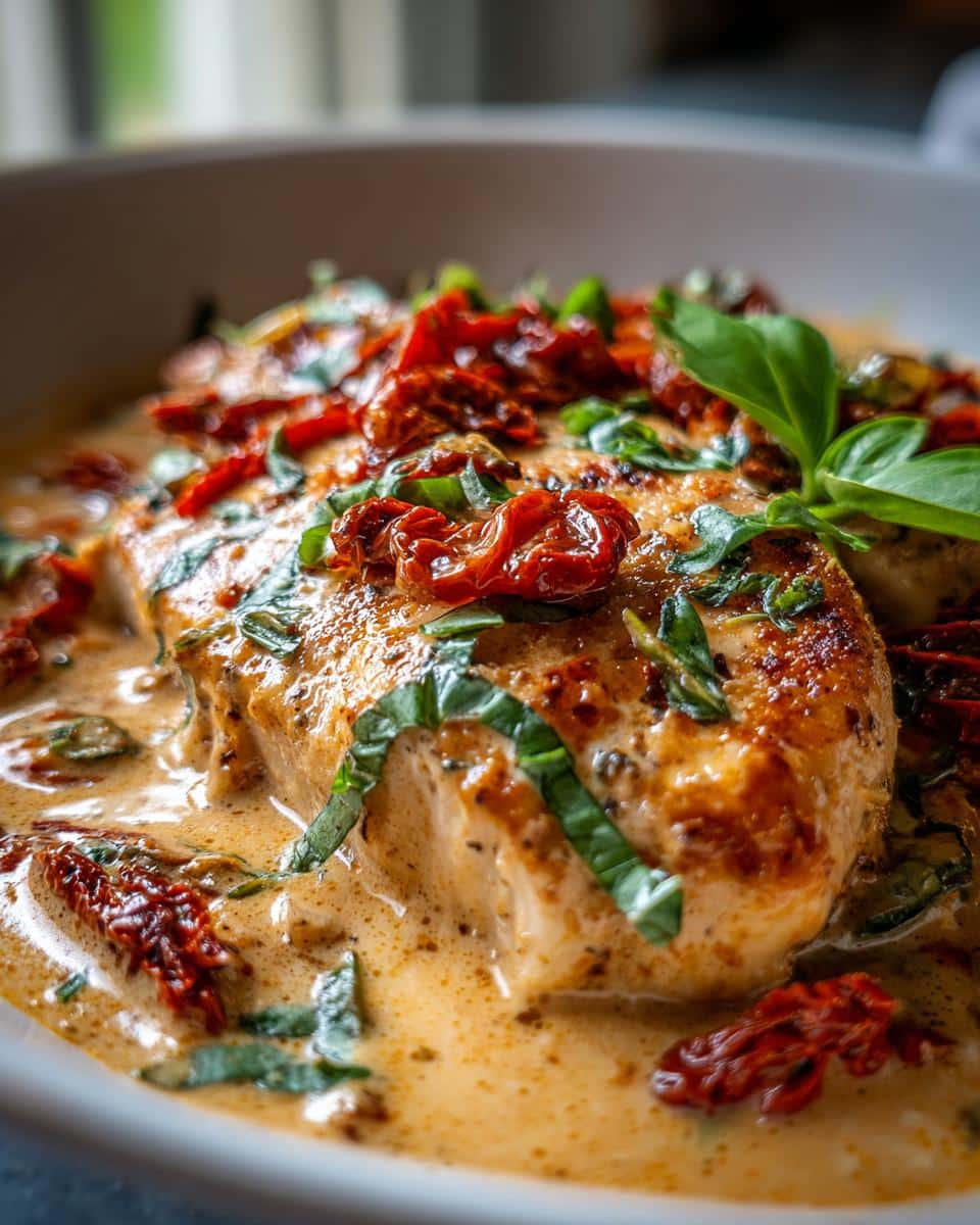Close-up of creamy Marry Me Chicken topped with sun-dried tomatoes and fresh basil leaves.