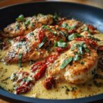 Close-up of Marry Me Chicken breasts in a rich, creamy sauce with sun-dried tomatoes and fresh basil.