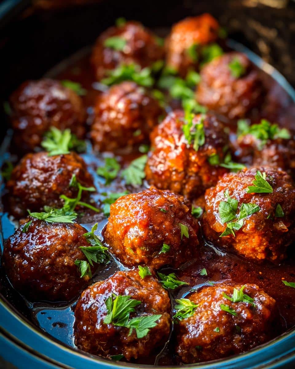 Close-up of glazed meatballs in a rich sauce, garnished with fresh parsley, perfect for meatball potluck ideas.