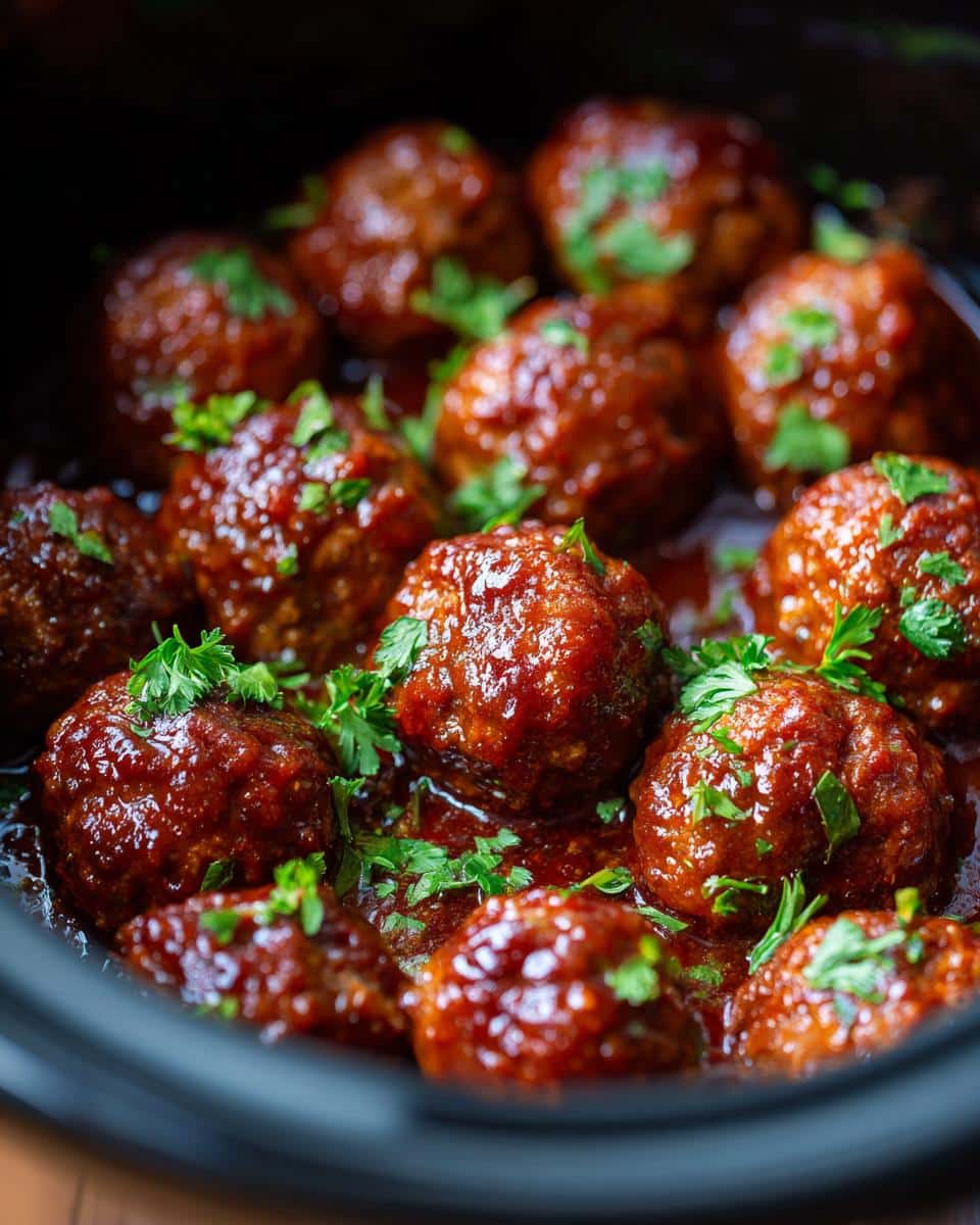 Close-up of juicy meatballs covered in a rich sauce, garnished with fresh parsley, perfect for meatball potluck ideas.