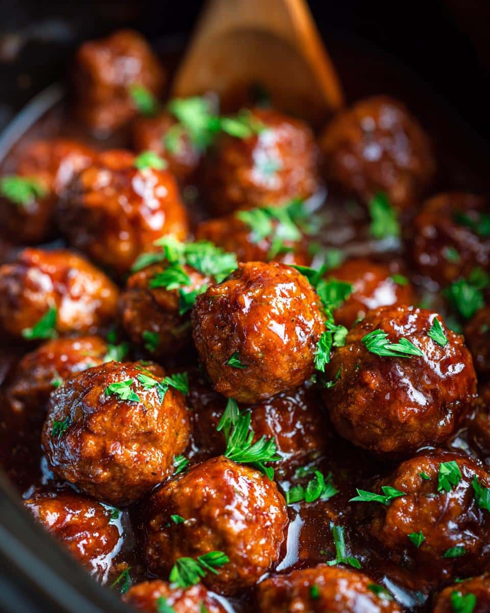 Close-up of glazed meatballs with fresh parsley, perfect for meatball potluck ideas.