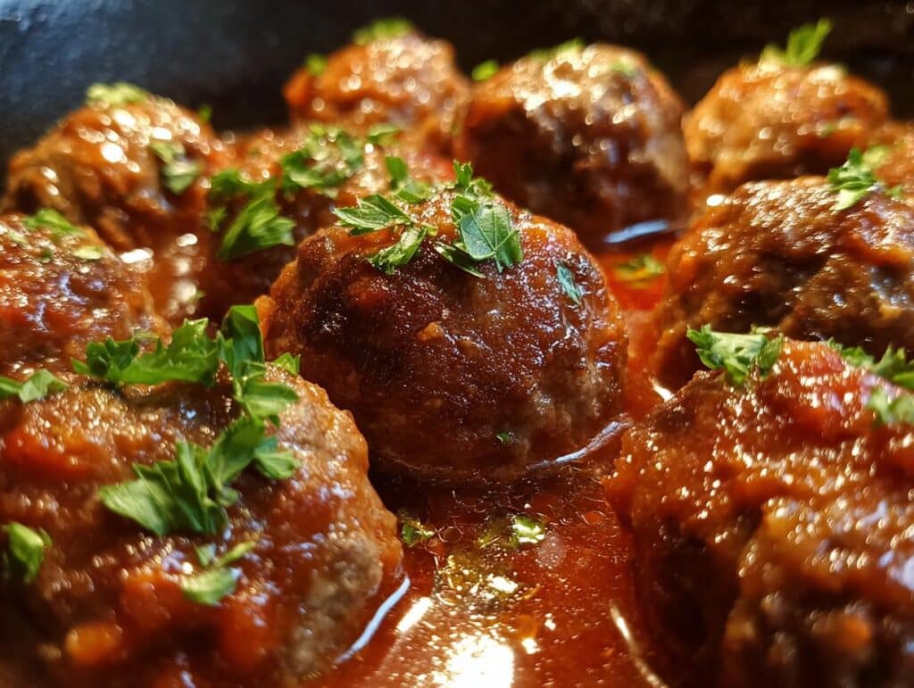 Close-up of juicy meatballs in a rich tomato sauce, garnished with fresh parsley. Perfect for meatball potluck ideas.