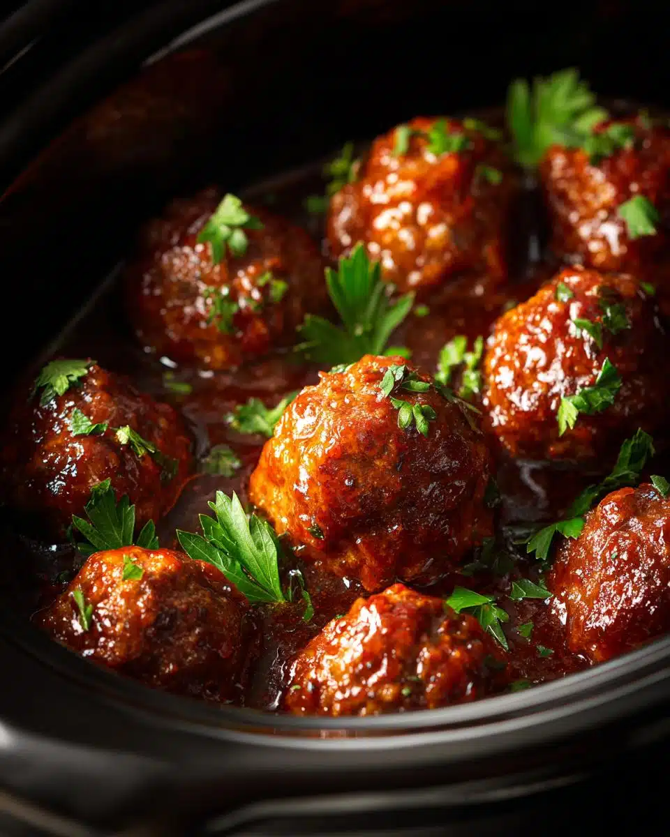 Close-up of juicy meatballs in a rich sauce, garnished with fresh parsley, perfect for meatball potluck ideas.