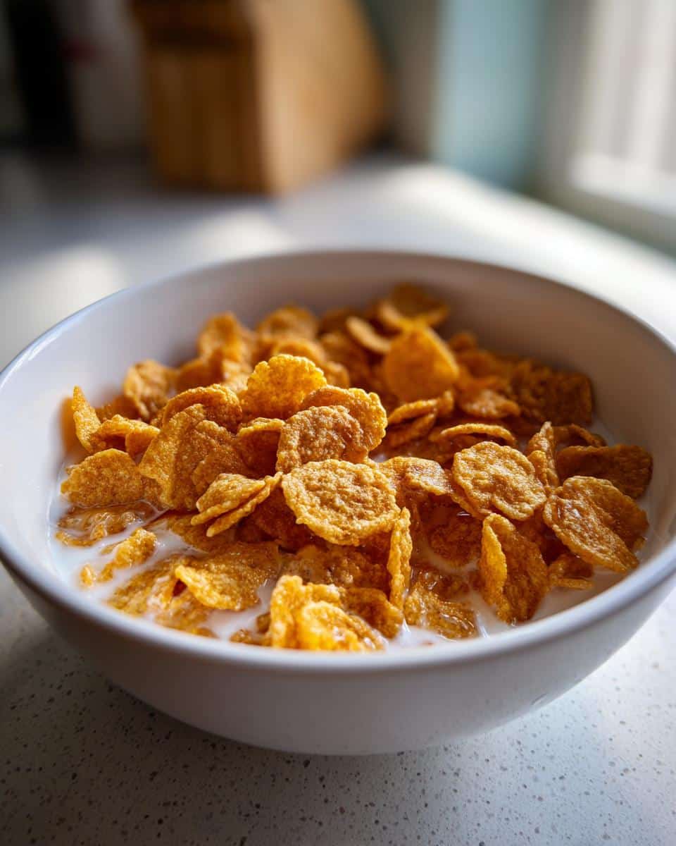 A white bowl filled with mini pancake cereal and milk, a popular breakfast treat.