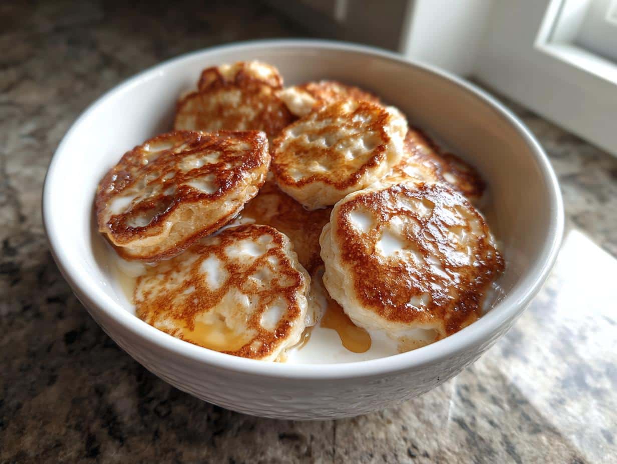 A close-up shot of mini pancake cereal served in a white bowl with milk and syrup.
