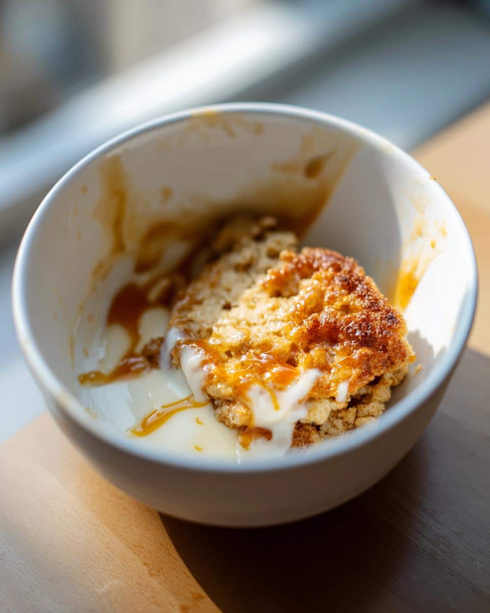 A bowl of Mini Pancake Cereal topped with creamy yogurt and a generous drizzle of golden caramel sauce.